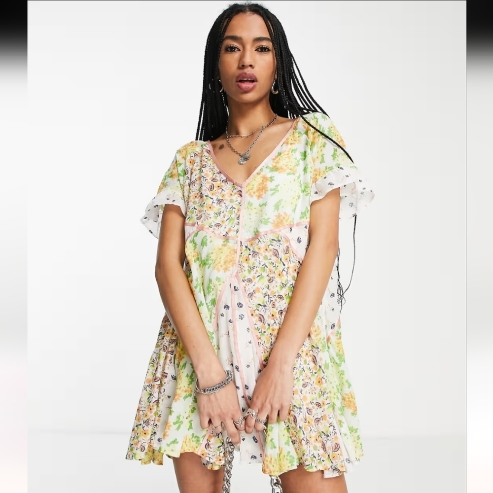Free People Wildflower Patchwork Mini Dress Womens Size: XS